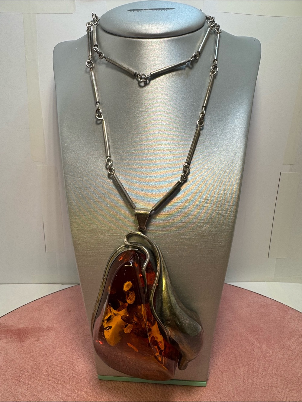 Signed Sterling Silver Large Chunky Amber Pendant Necklace